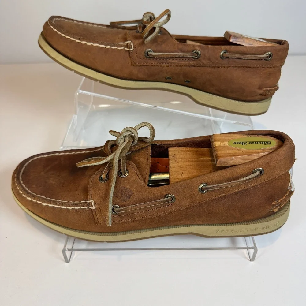 Sperry Top-Sider Boat Shoes Mens 10 Tan Leather Moc Toe Loafers Preppy Old Money